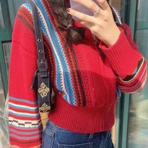 SOLD Zara Knit Striped Jacquard Full Zip Red Cardigan